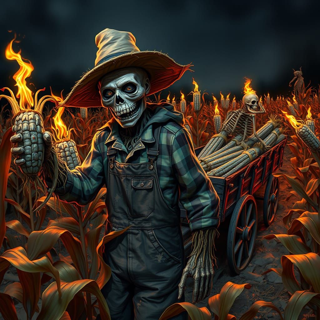 Creepy Scarecrow Harvests Demonic Corn at Night