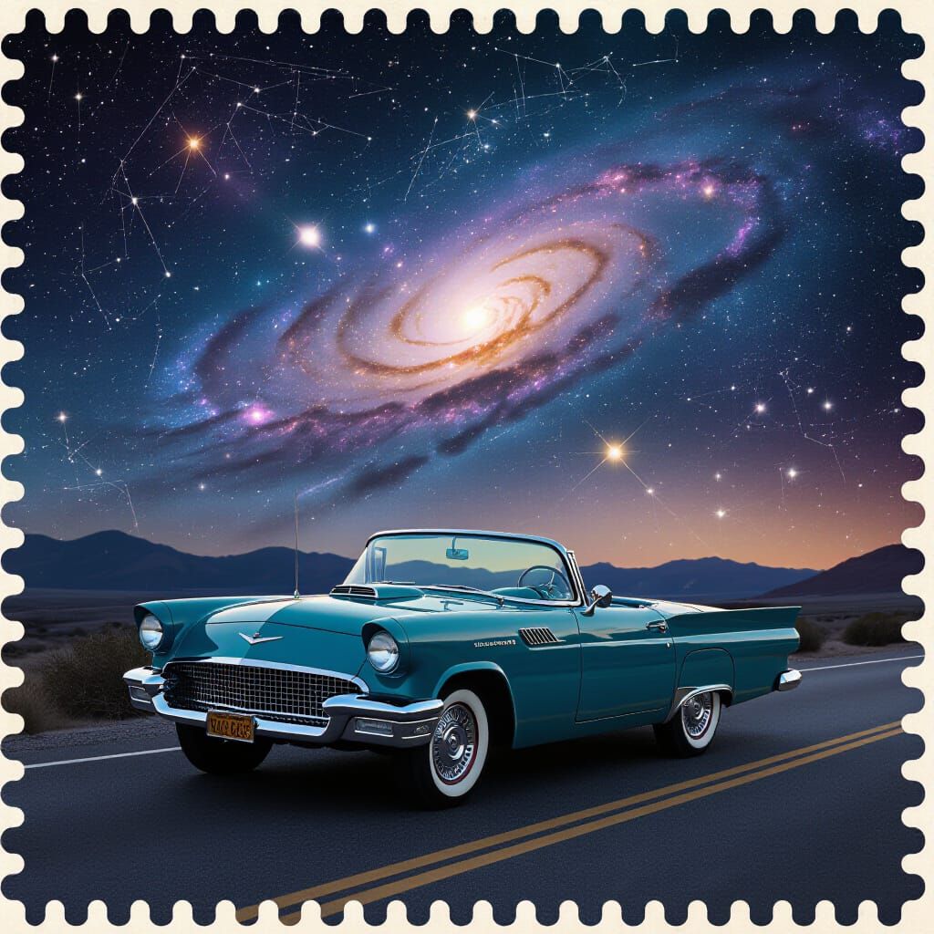Classic Car Under a Nebulous Starry Sky