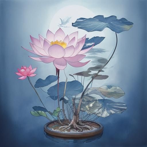 Bonsai Lotus Flower in Modern Ink Style