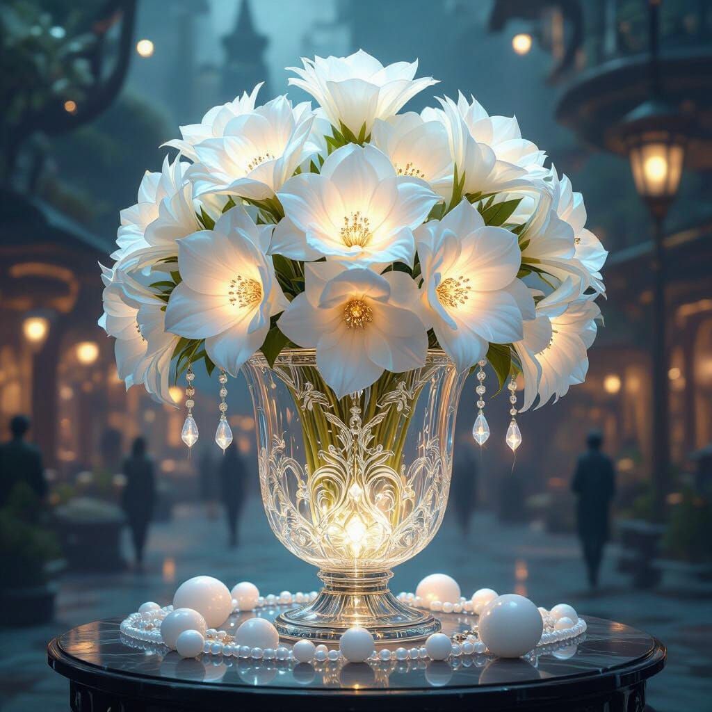 Opalescent Vase of Luminous Flowers in Alien Market