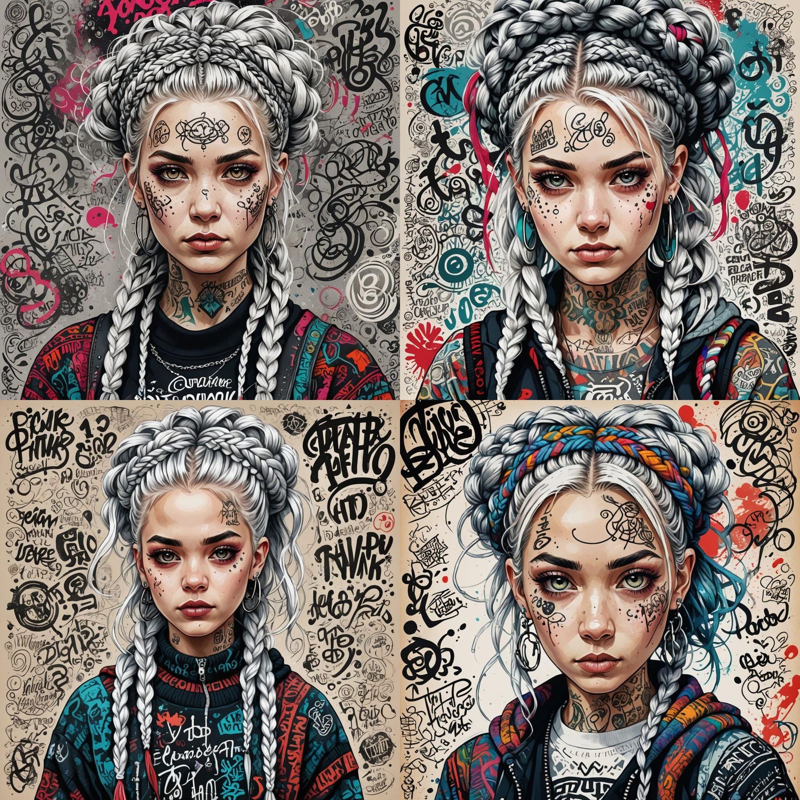 Punk Girl Portrait in Calligraphic Ink Style