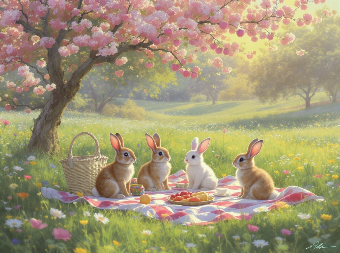 Idyllic Rabbit Family Picnic in Impressionistic Style