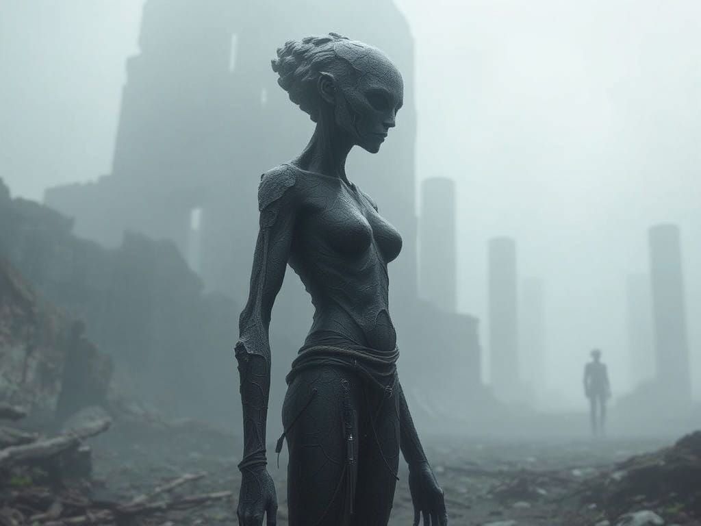 Humanoid Figure in Eerie, Ancient Landscape