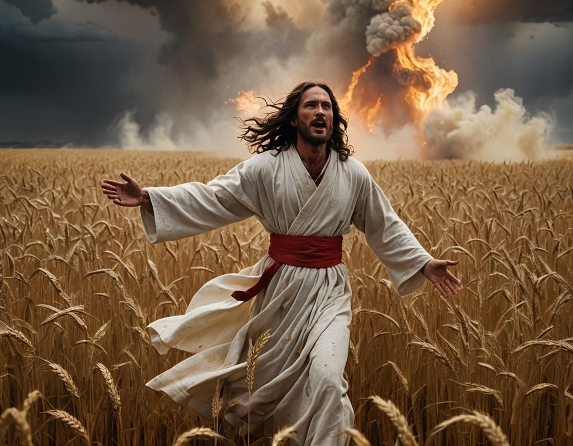 Jesus in Burning Wheat Field with Storm Clouds