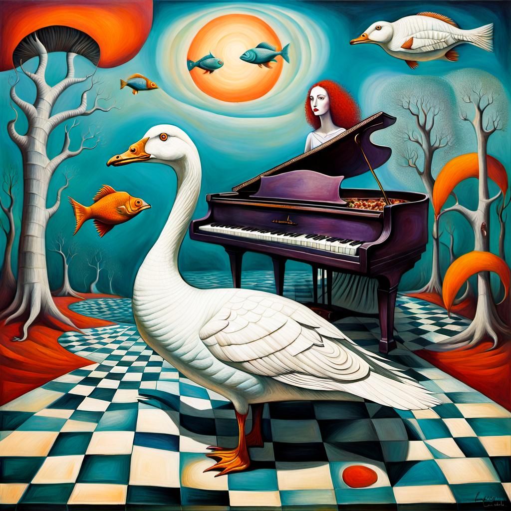 Surreal Landscape with Goose and Piano, in Bauhaus Style
