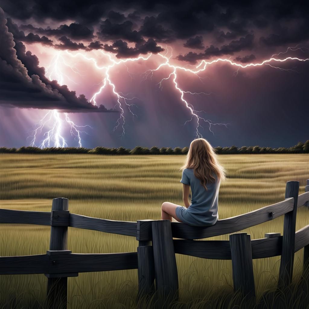 Girl Watches Lightning Storm: Matte Painting