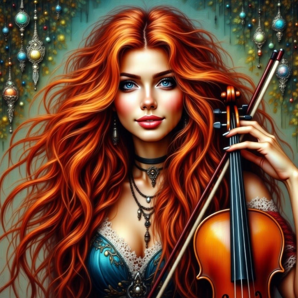 Young Red-Haired Fiddle Player Portrait in a Traditional Aes...