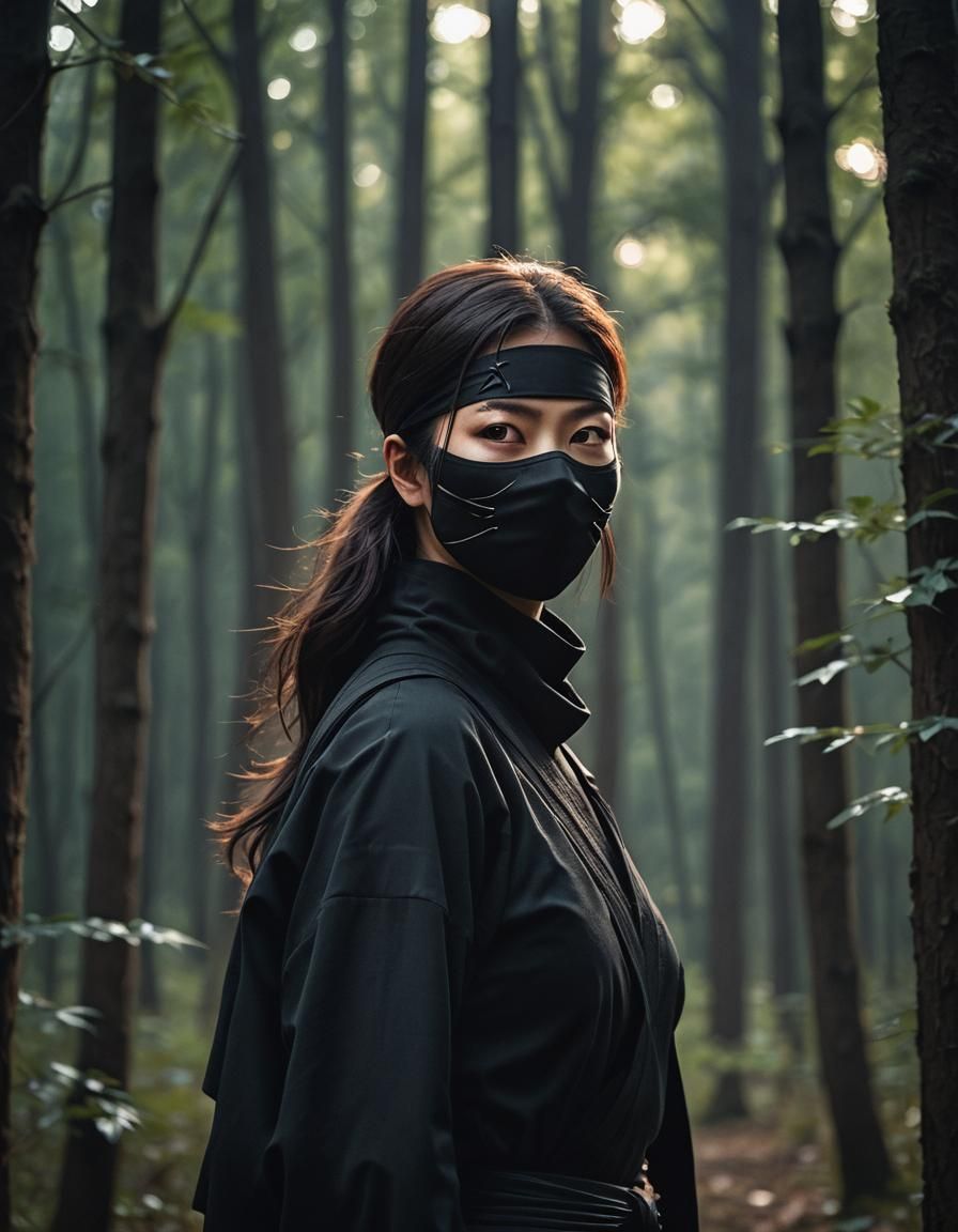 Beautiful Ninja in Moonlit Forest: Cinematic Portrait