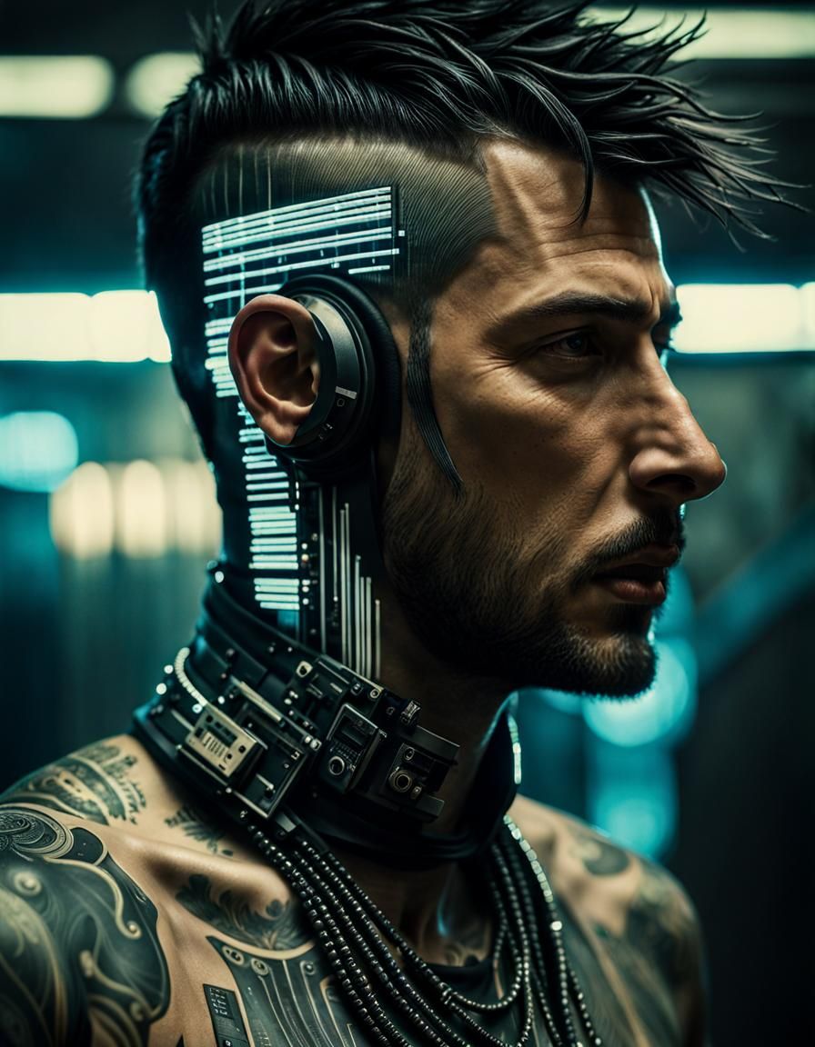 cyber punk guy, data stream display