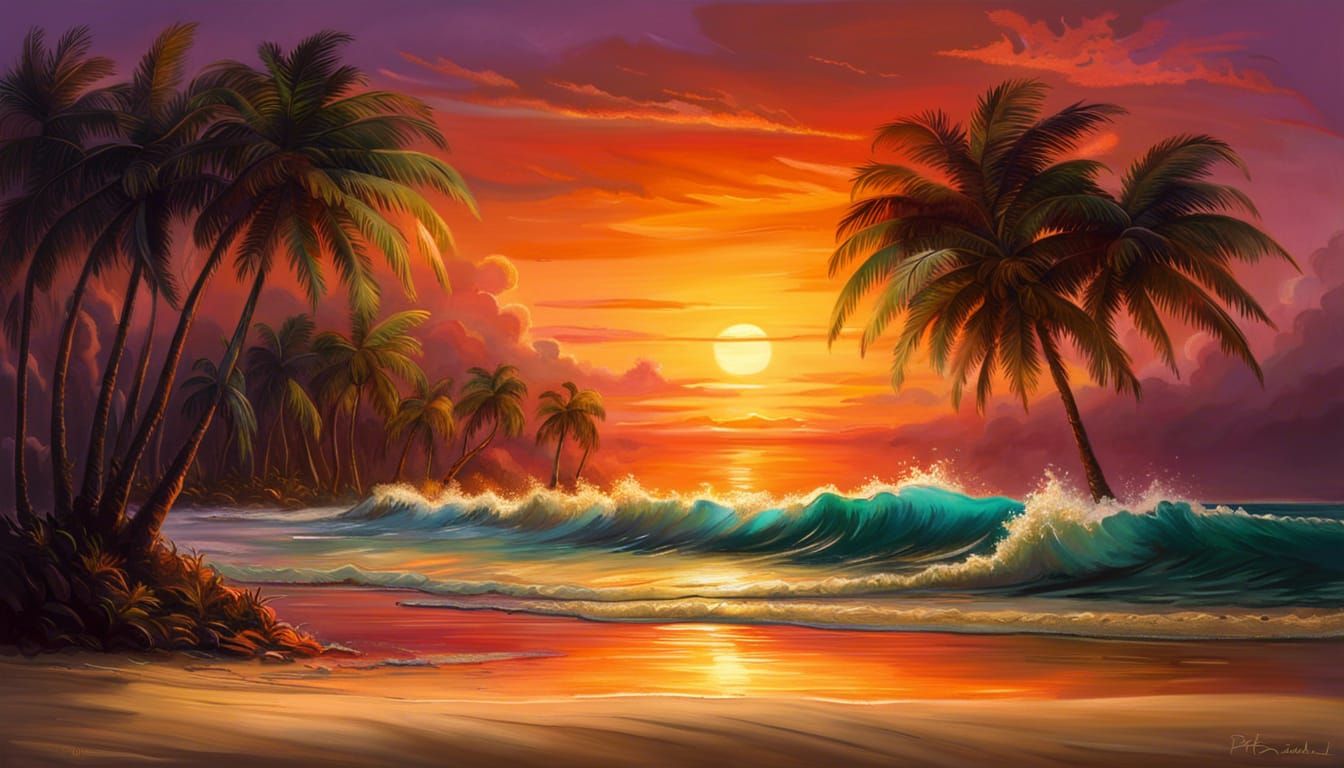 Tropical Island Sunset in Rembrandt Style
