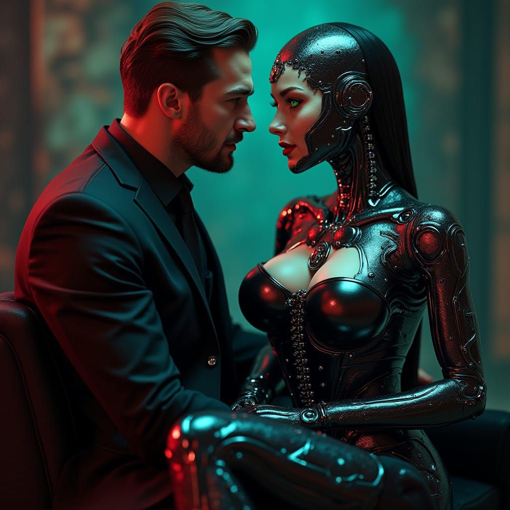 Sultry Android Goddess in Flirtatious Embrace