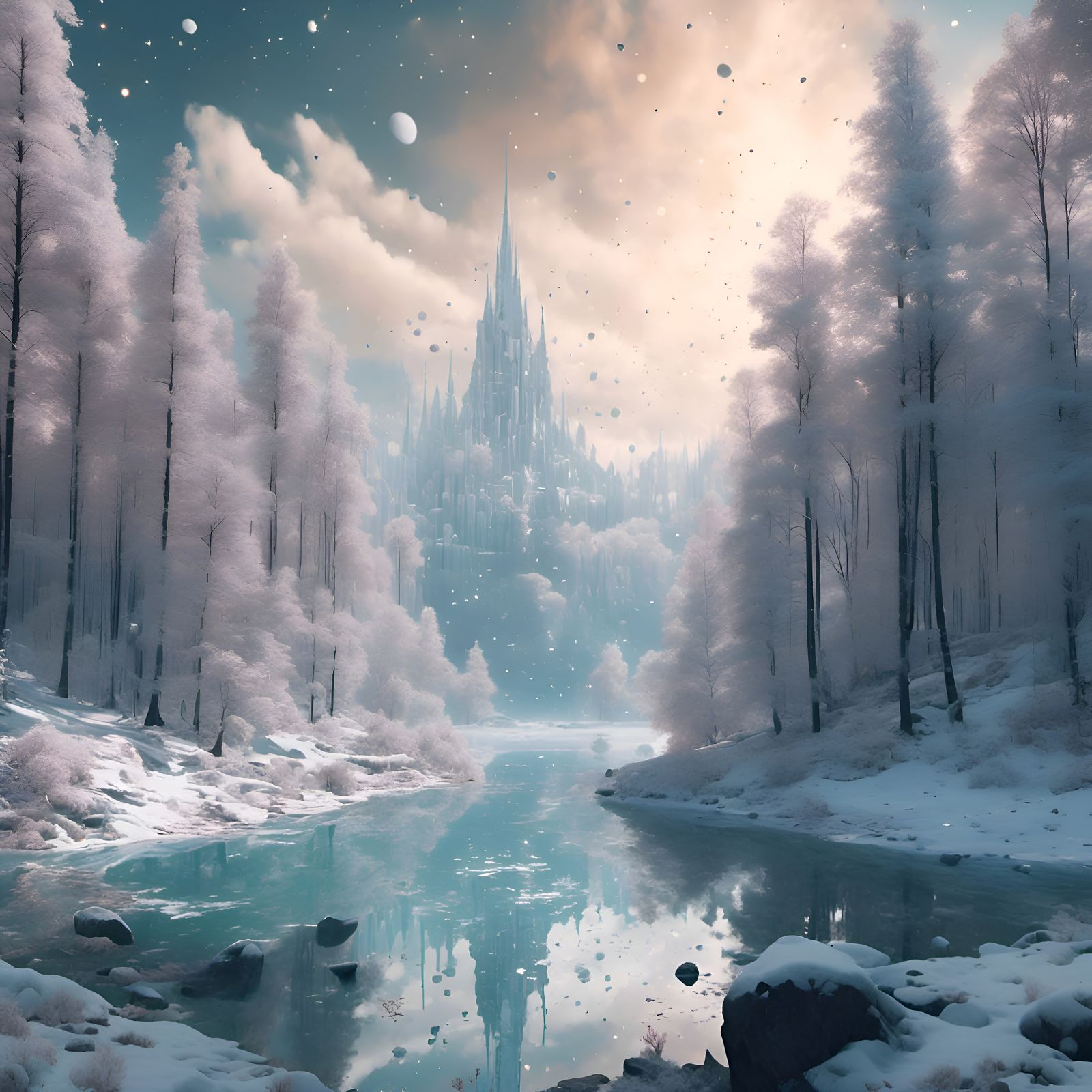 Snowy Winter Forest Lake: Digital Matte Painting