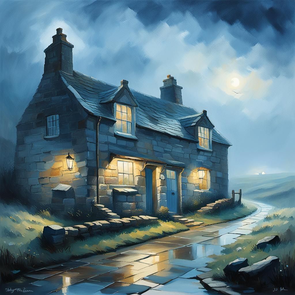 Eerie Stone Cottage on Misty Moors: A Romantic Landscape