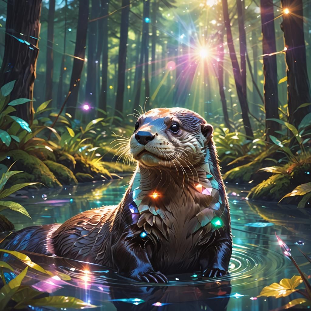 Cute Otter in Forest with Iridescent Waves
