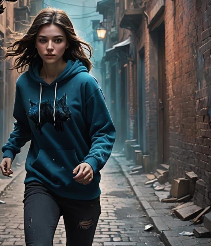Girl with Wolf Running in Alley: Fantasy Concept Art