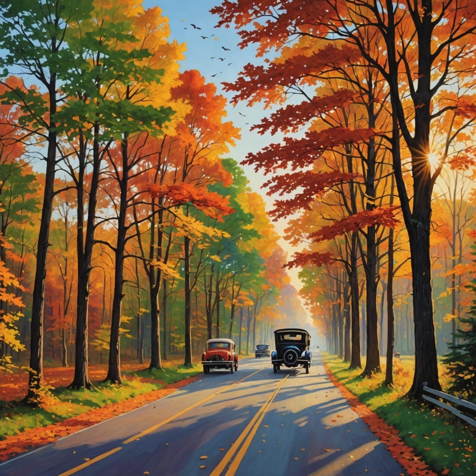 Colorful Autumn Forest with Carriages at Sunrise