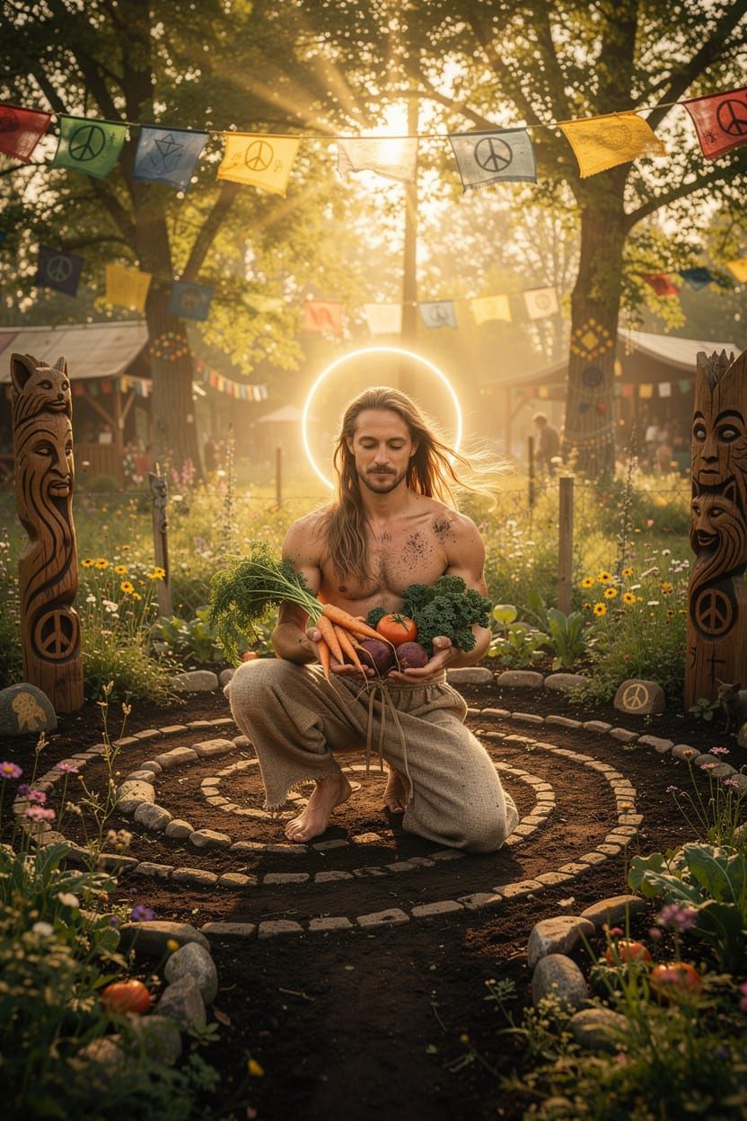 Sacred Earth Guardian Harvesting Bounty in Utopian Garden