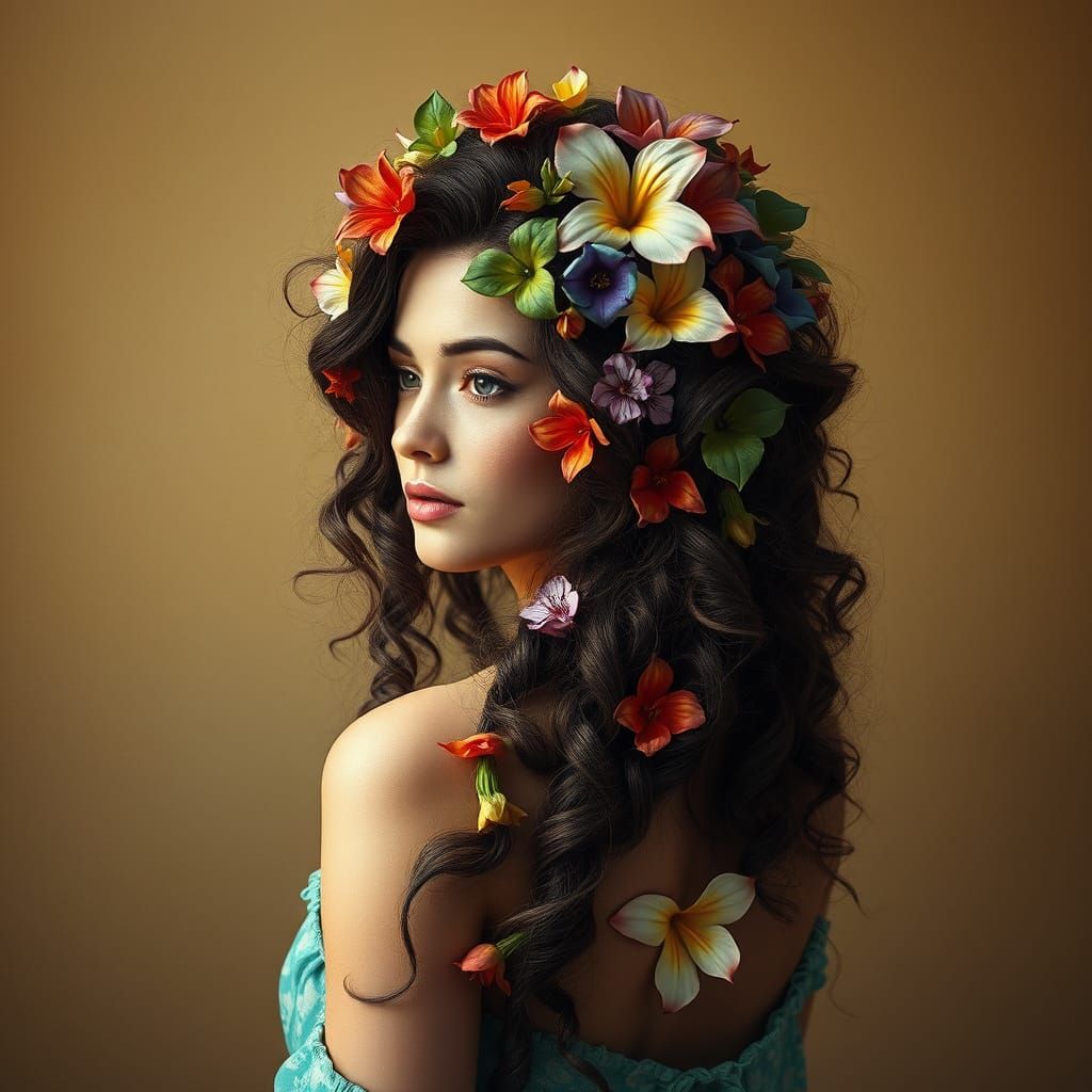 Woman in Whimsical Floral Headdress, Earthy Tones
