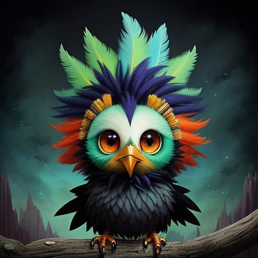 Gothic-Punk Baby Bird with Mohawk in Fairytale Scene