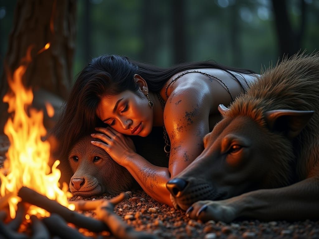 Muscular Warrior Rests By Fire With Protective Beasts