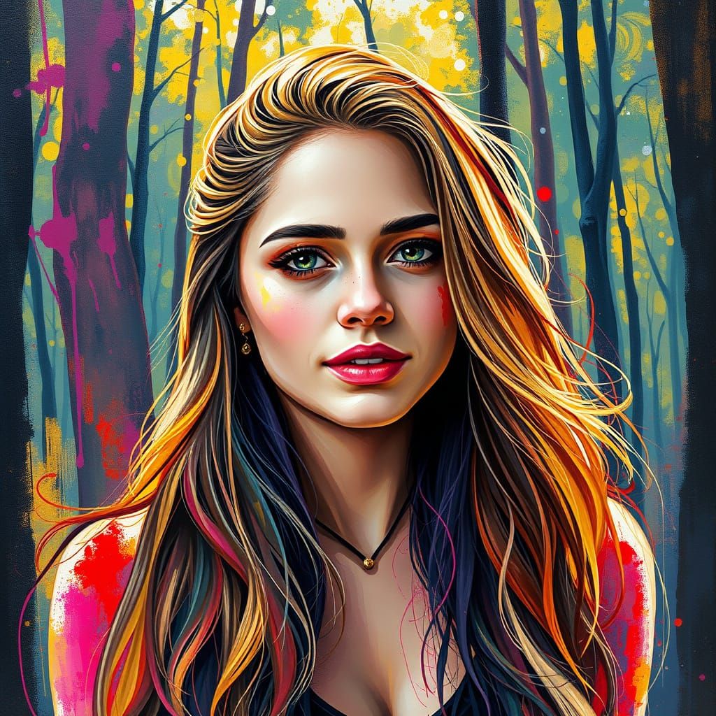 Gorgeous Young Woman in Vibrant Forest of Light