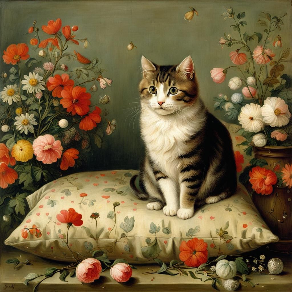 Cat in Floral Winter Landscape, Dutch Golden Age Style