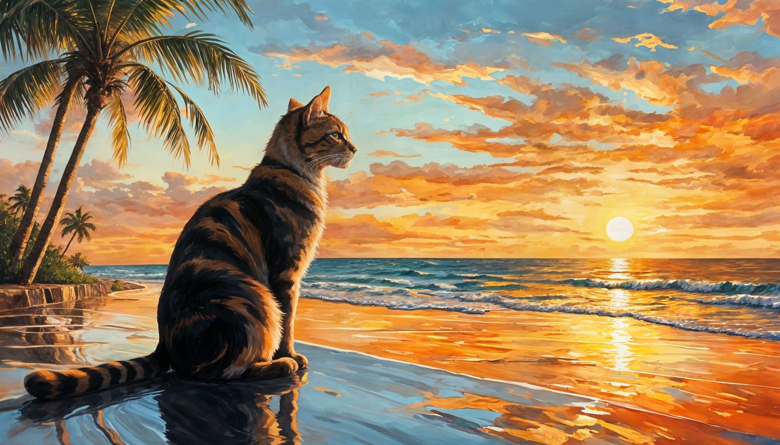 Chrome Cat Watching Sunset Over Ocean