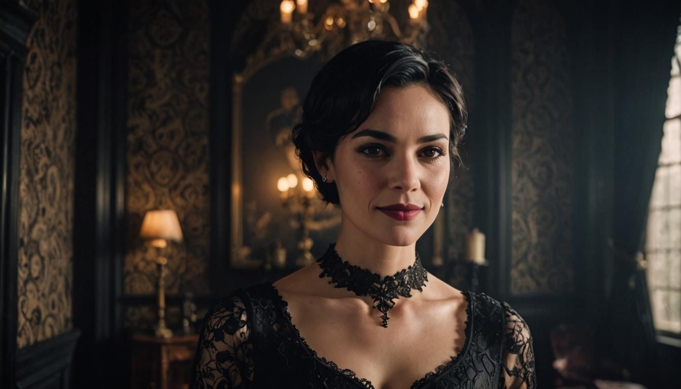 Woman in Gothic Bedroom with Dramatic Lighting