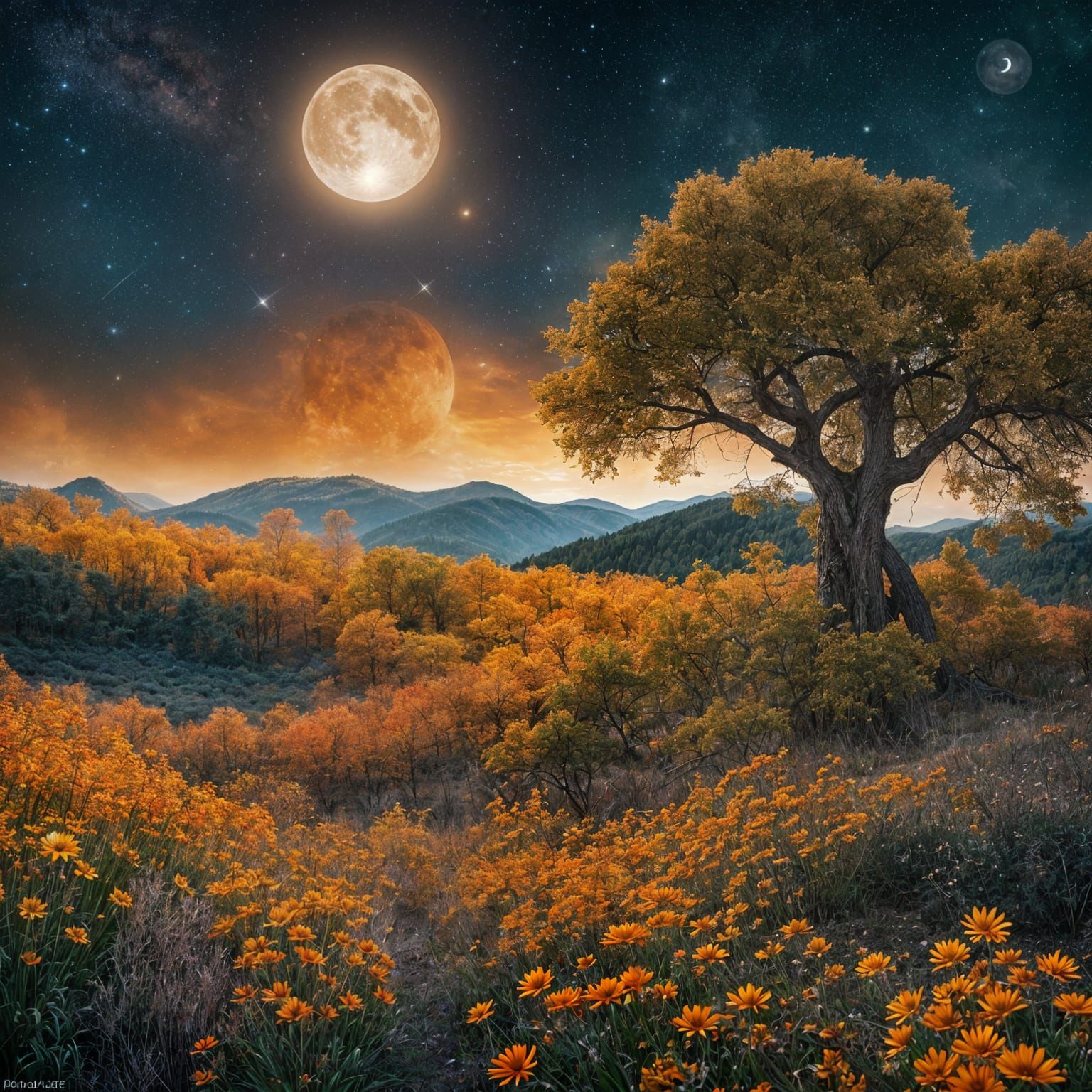 Magical Night Scene with Double Exposure and Celestial Bodie...