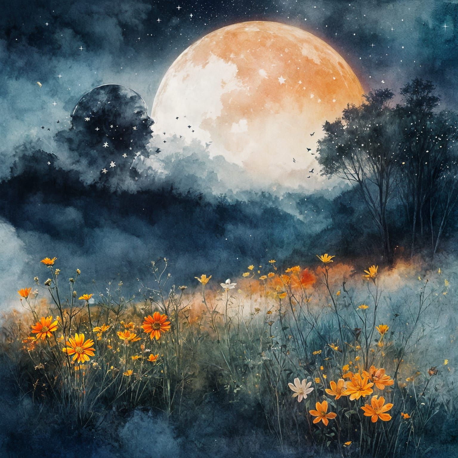 Magical Double Exposure Night Scene with Moon and Flowers