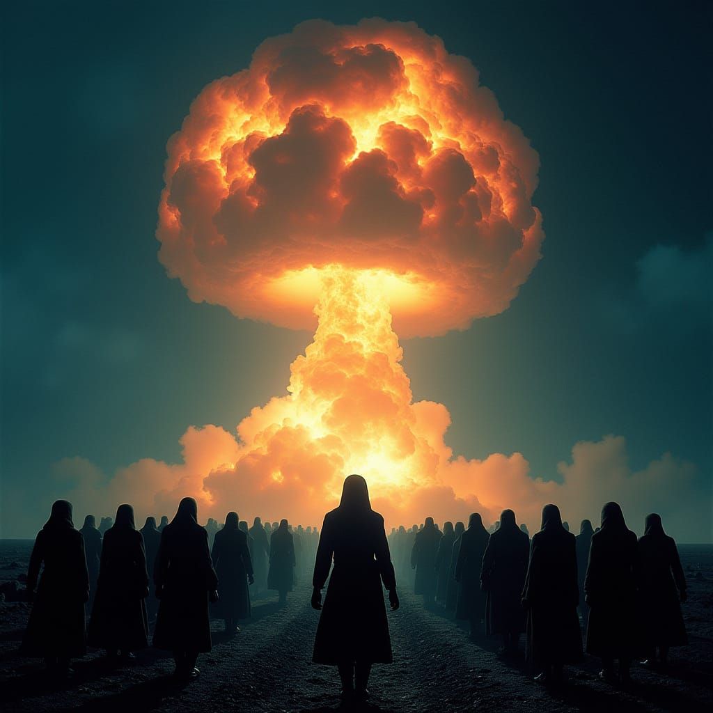 Dark Figures Stand Frozen Amidst Nuclear Apocalypse