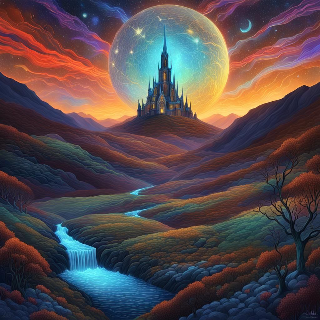 Astral Midnight Valley: Holographic Cosmic Illustration