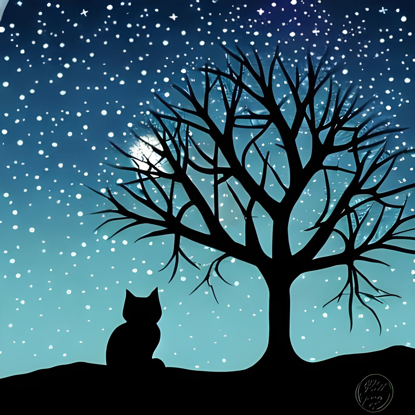 Black Cat Silhouette in Starry Art Nouveau Sky