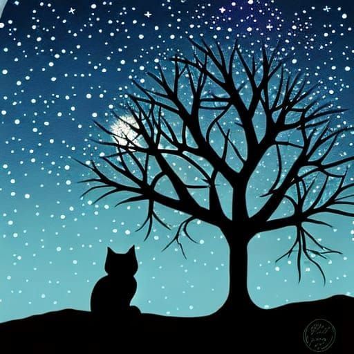 Black Cat Silhouette in Starry Art Nouveau Sky