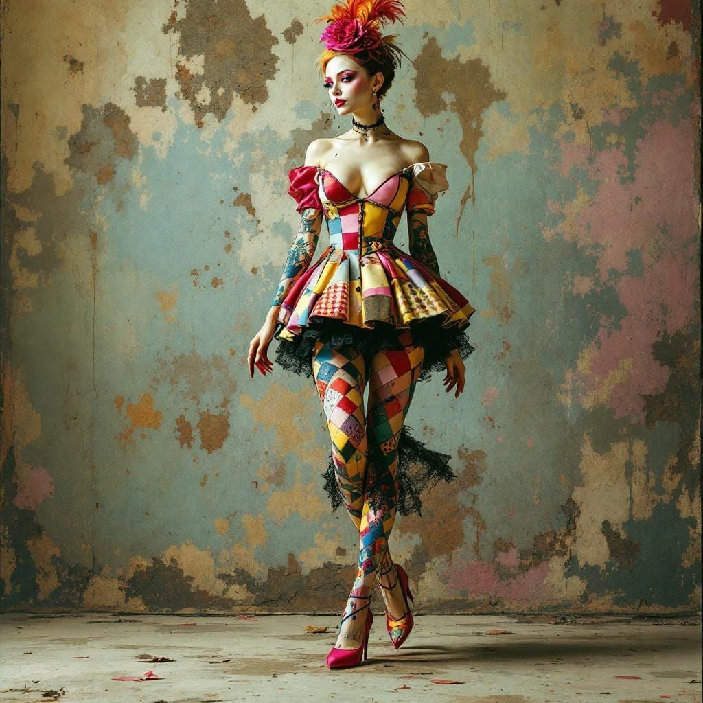 Elegant Woman in Harlequin Dress: Cinematic Film Still