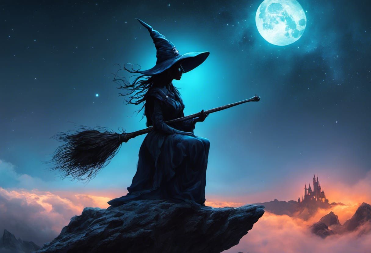 Witch Silhouetted in Galaxy Above Clouds