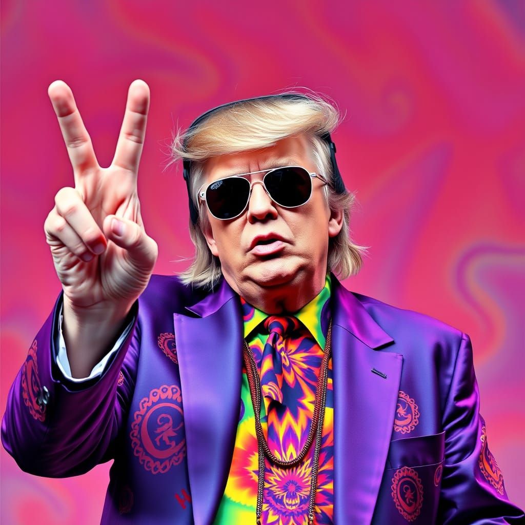 Donald Trump in Psychedelic Gear Making Peace Sign