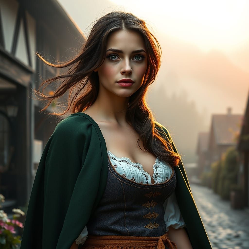 Brunette Woman in Mountain Village at Dawn