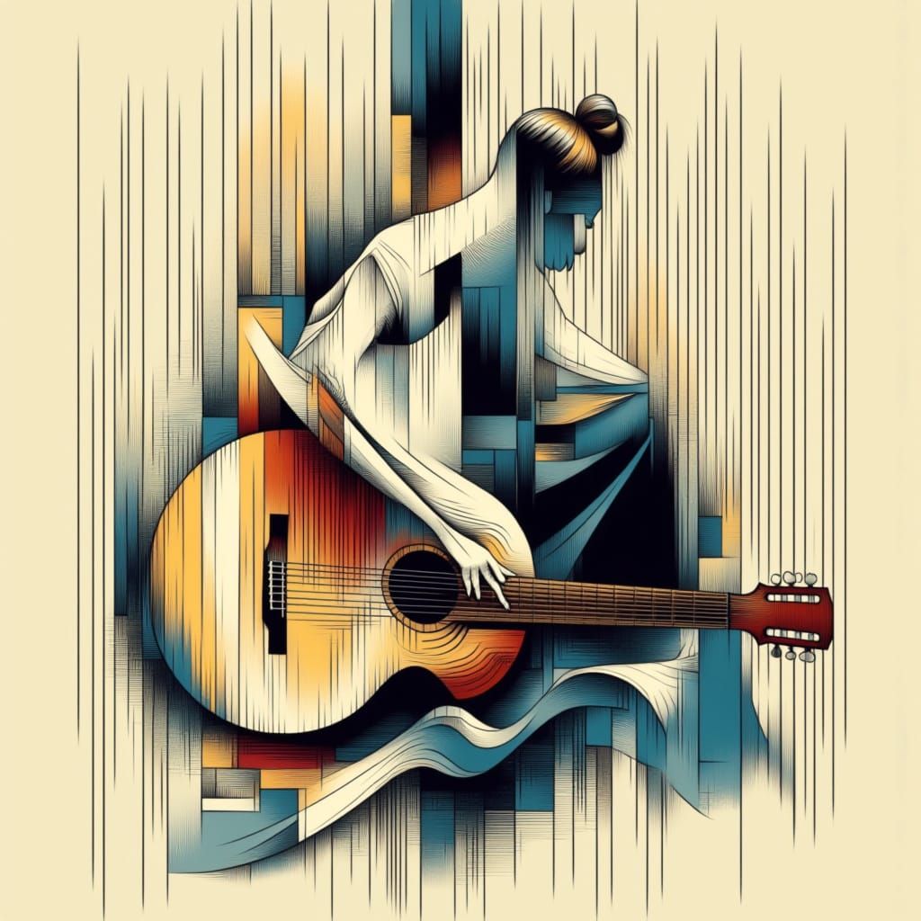 Futuristic Female Figure Merges with Guitar in Constructivis...