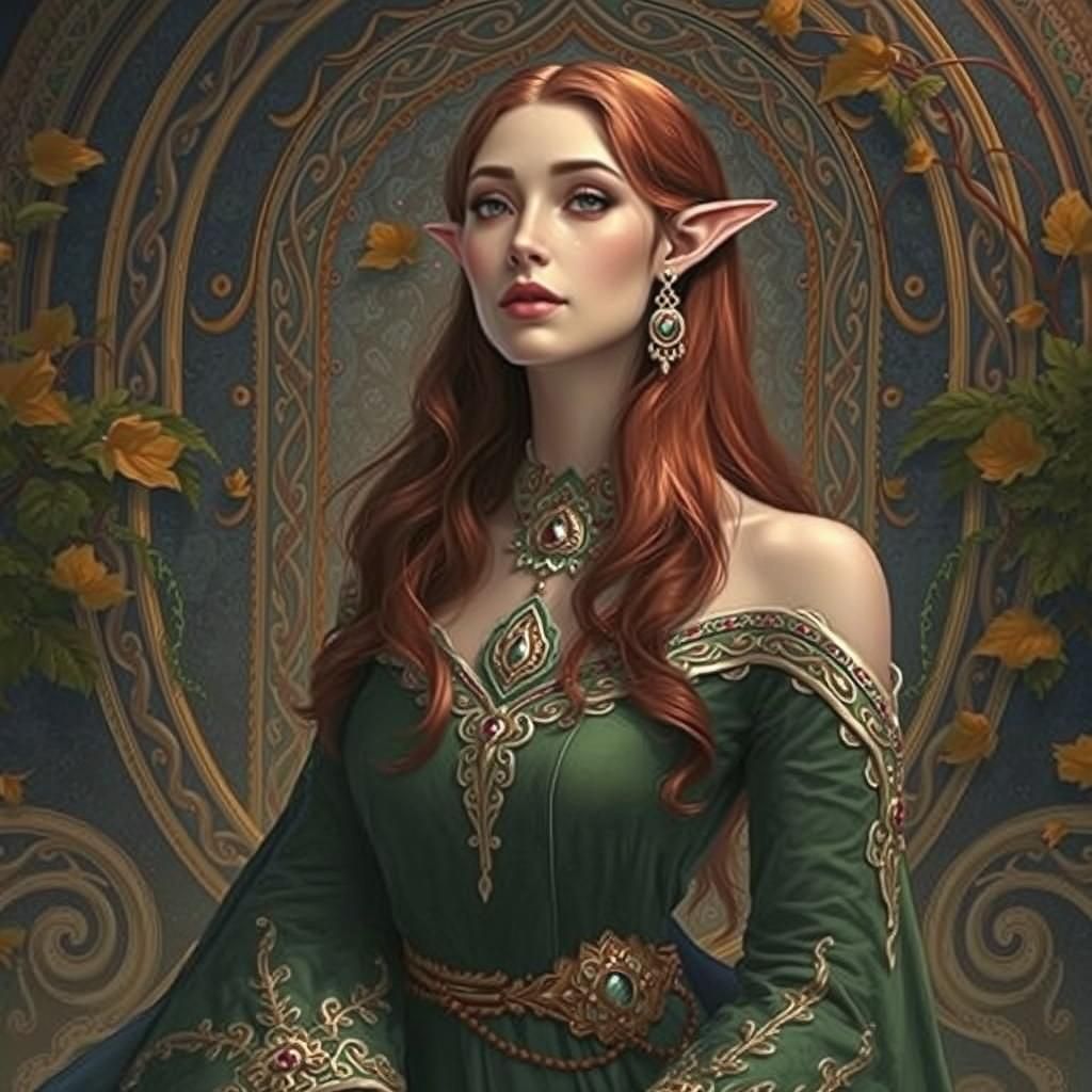 A majestic, auburn-haired female elf with luxuriant, wavy lo...