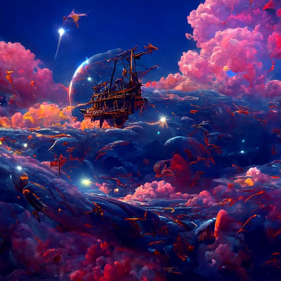 Pirate Ship Sailing a Sea of Stars