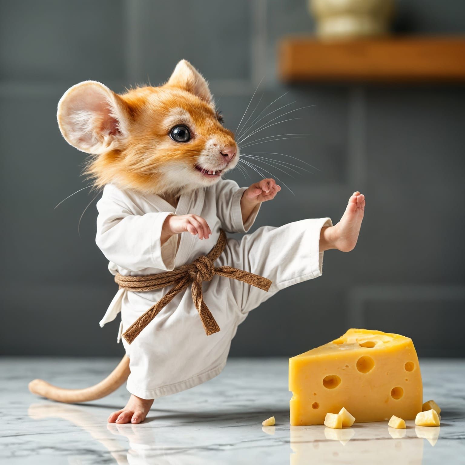 Chibi Mouse Karate Kicks Swiss Cheese