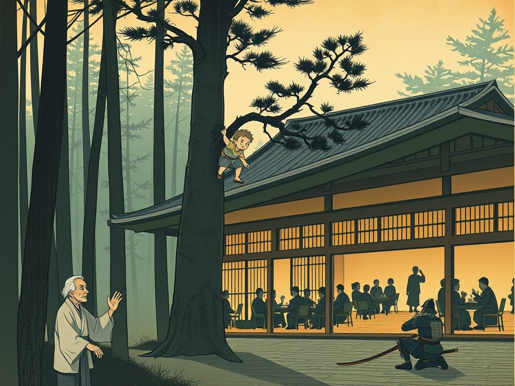 Japanese Scroll Art: Old Man and Boy in a Tree