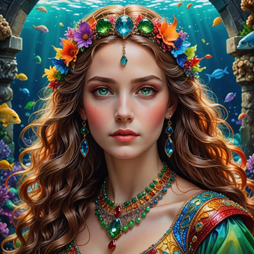 Portrait of Nereid Goddess Beroe with Sea Life