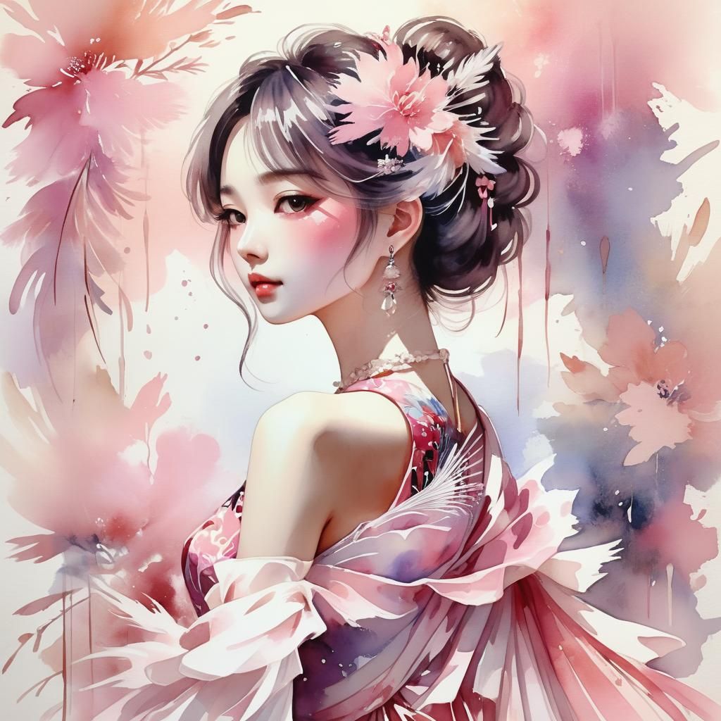 Anime Girl in Pink Dress: Watercolour Portrait