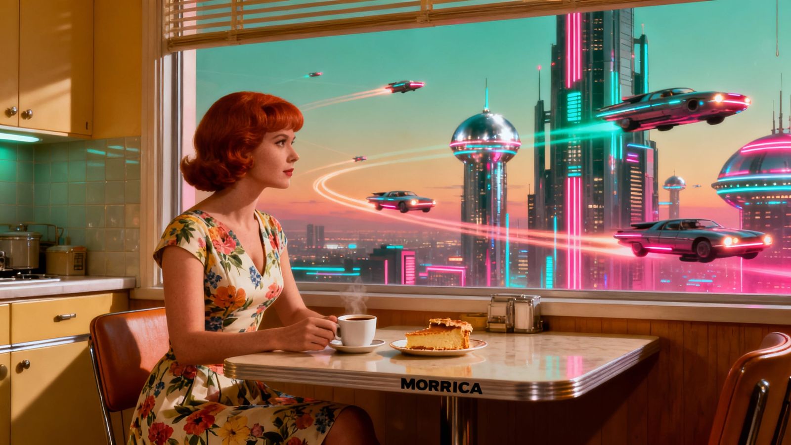 Retro Woman in Future Metropolis Kitchen