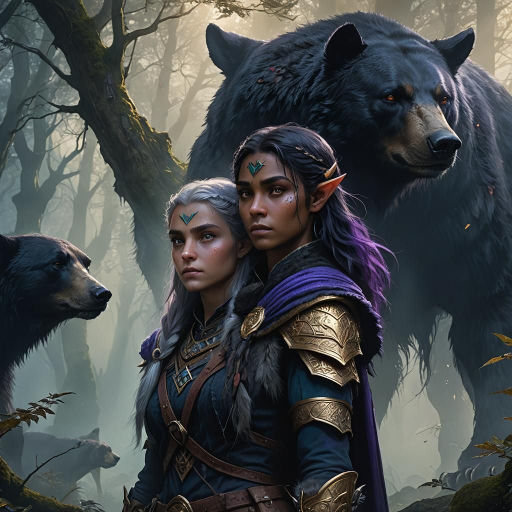 Elf Fighter and Bear Companion in Misty Forest