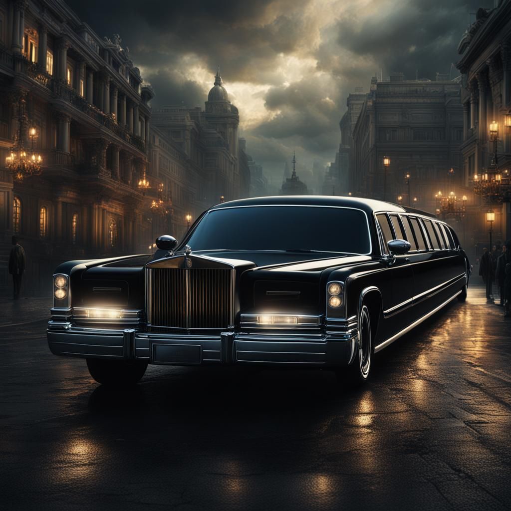 Long Black Limousine in Digital Matte Painting Style