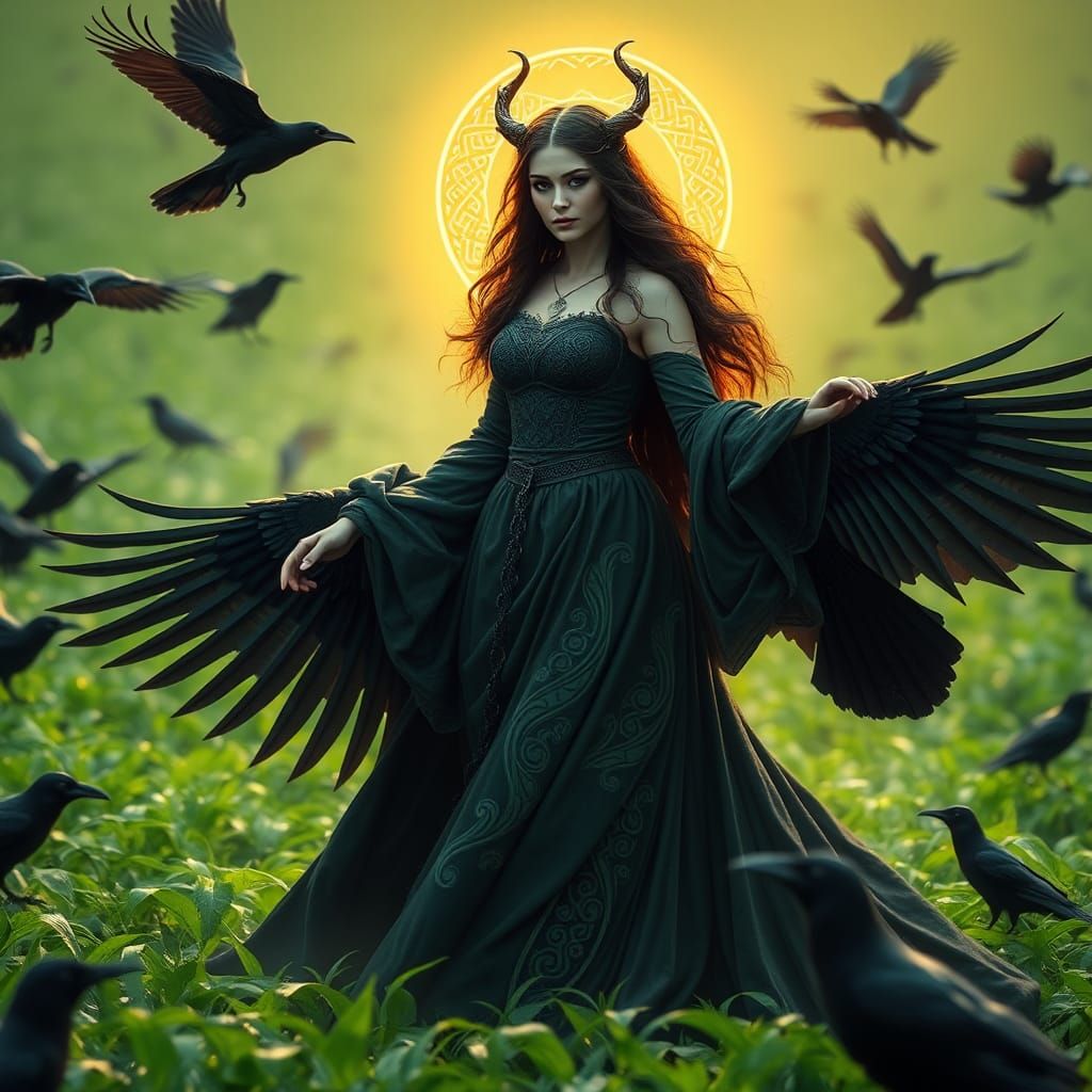 Celtic Goddess Morrigan in Lush Emerald Field