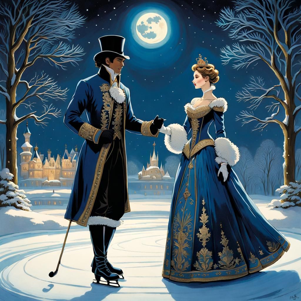 A couple elegantly together on a frozen pond under a moonlit...